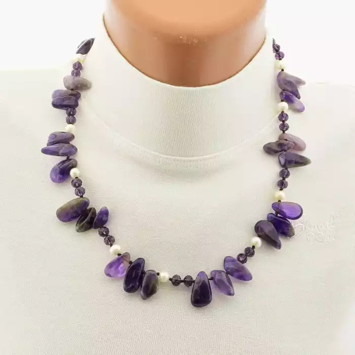 🏷️️ Намисто Аметист, Перли, Чеський кришталь 51 см F-105907