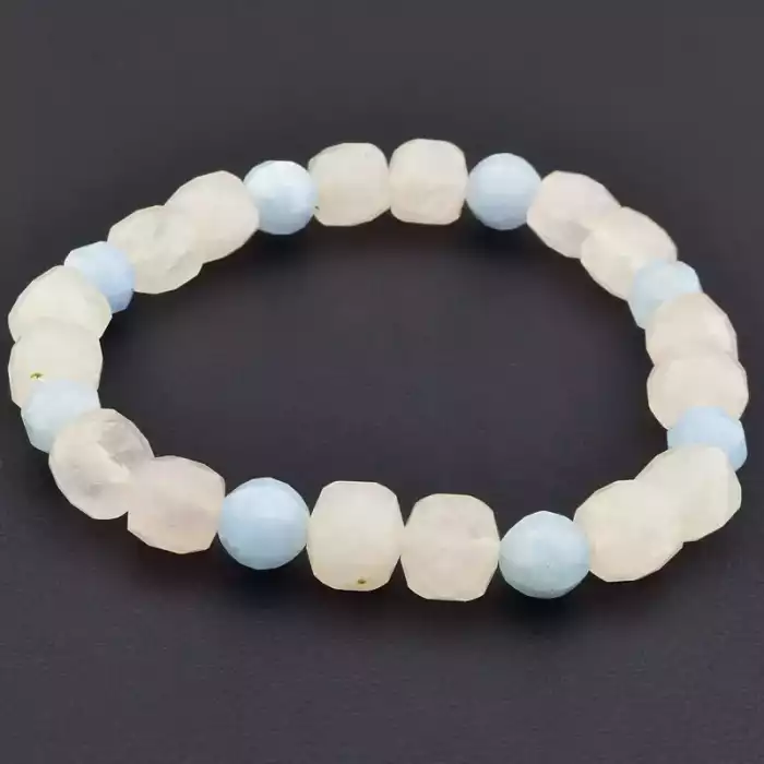 🏷️️ Браслет на резинці Аквамарин, Рожевий кварц 19 см F-105708