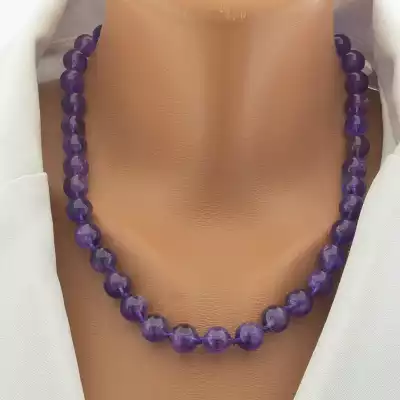 🏷️️ Намисто з аметистом у сріблі 925 проби (46 см, кульки 10 мм) F-104691