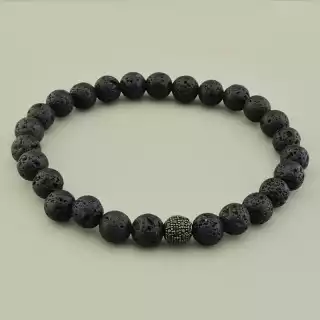 Браслет з лави (21 см, на резинці, чорний камінь в формі кульки)