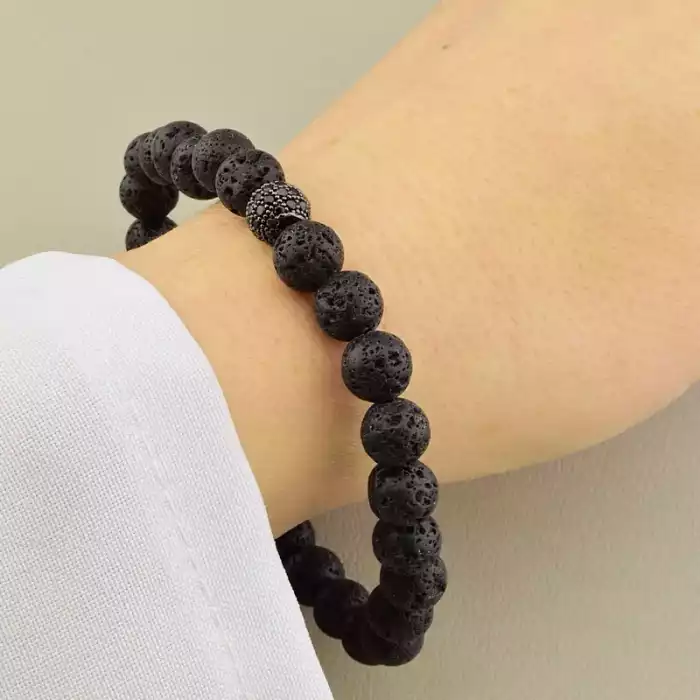 🏷️️ Браслет з лави (21 см, на резинці, чорний камінь в формі кульки) ss_104791