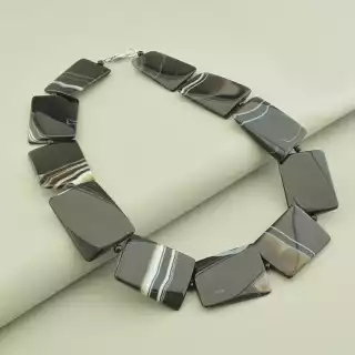 Намисто агат (49 см, карабін, сталь, 40х30 мм, чорний, сірий, срібний)