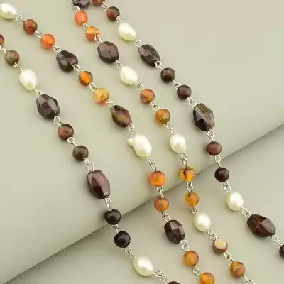 🏷️️ Намисто довге Бичаче око, Сердолік, Перли 120 см F-105909