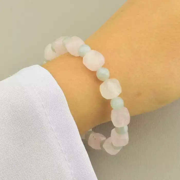🏷️️ Браслет на резинці Аквамарин, Рожевий кварц 18 см ss_105710