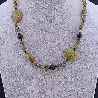 🏷️️ Намисто Епидот, Чеський кришталь 90 см F-71605