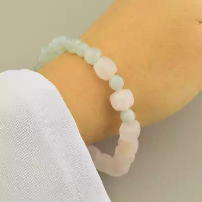 🏷️️ Браслет на резинці Аквамарин, Рожевий кварц 19 см F-105711