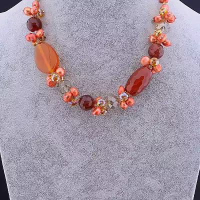 🏷️️ Намисто Сердолік, Перли, Чеський кришталь 45 см F-85655