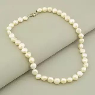 Намисто з перлин (42 см, з карабіном, сталь, 9х8 мм, АА, білий, срібний)