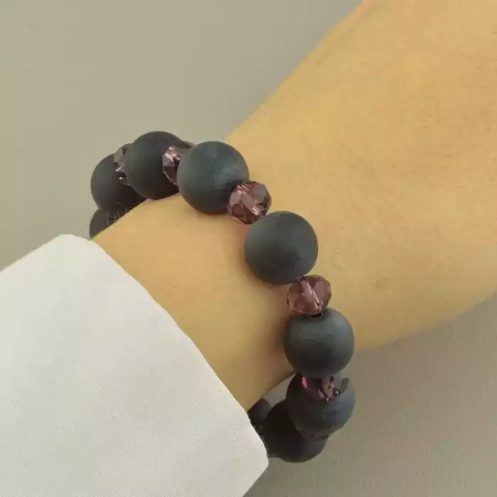 🏷️️ Браслет резинка Шунгіт, Чеський кришталь 16 см. ss_101497