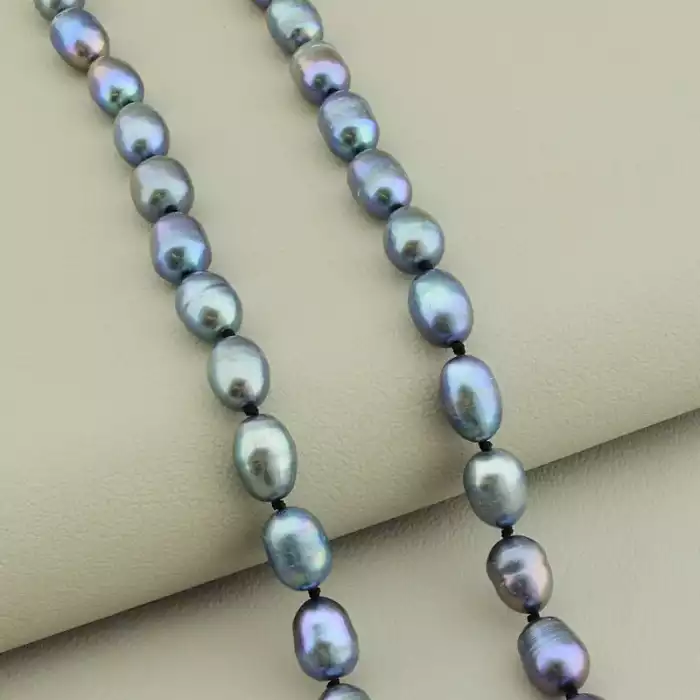 🏷️️ Намисто з перлин (48 см, з карабіном, сталь, 11х8 мм, А+, бензиновий, срібний) ss_105409