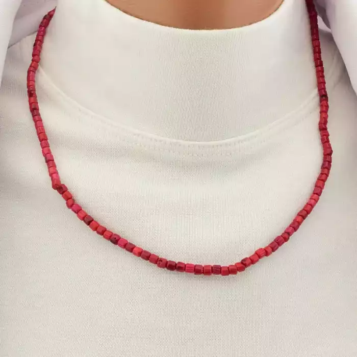 🏷️️ Намисто з коралів (45 см, з карабіном, сталь, 3,5х3 мм, B, червоний, срібний) ss_105410