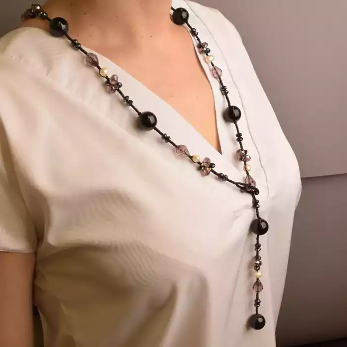 🏷️️ Намисто Агат, Перли, Чеський кришталь 90 см ss_59160