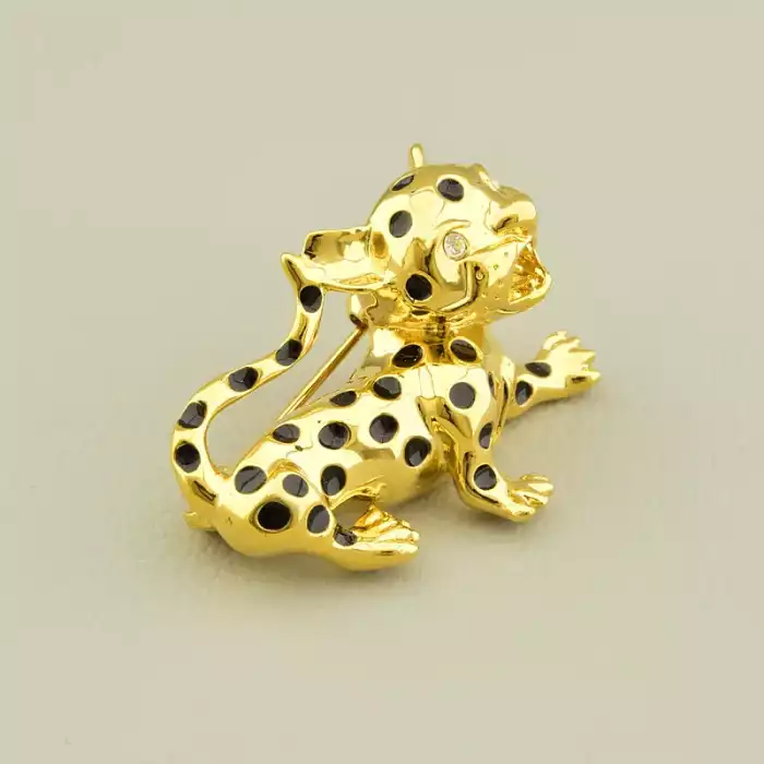 🏷️️ Брошка леопард Фіаніт (30х25 мм, кришталевий, чорний, жовтий, мідний сплав, позолота) ss_104997
