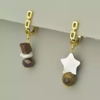 Сережки асиметричні з англійським замком Тигрове око (позолота 18к лимонна)