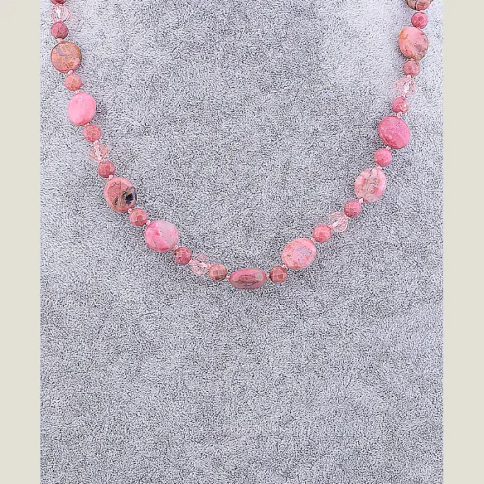 🏷️️ Намисто Родонит, Чеський кришталь 51 см ss_70592