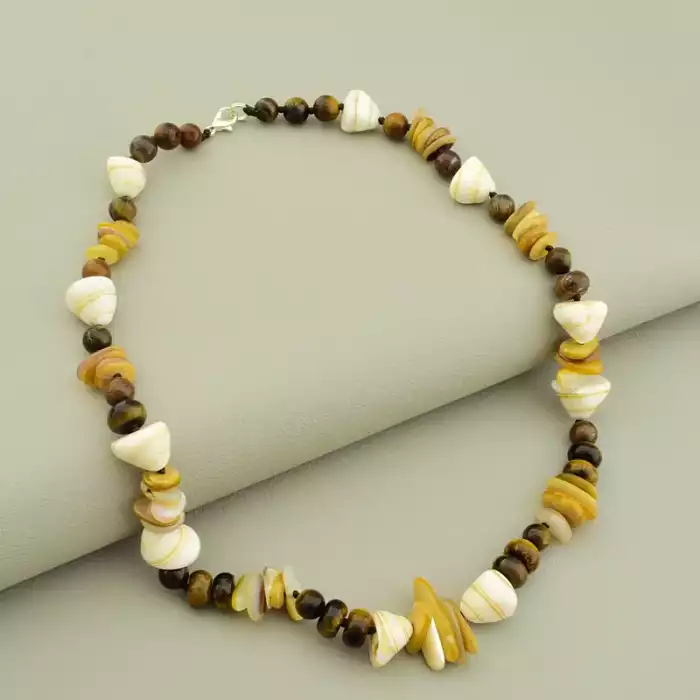 🏷️️ Намисто Тигрове око, Перламутр, Мушля 42 см ss_105717