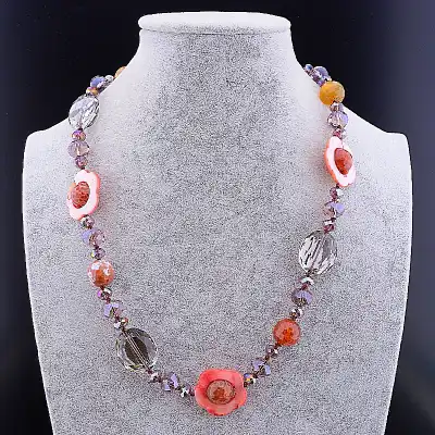 🏷️️ Намисто Агат, Чеський кришталь, Перламутр 57 см F-83272