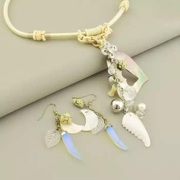 🏷️️ Підвіска браслет перламутр місячний камінь (43 см, метал, з петлею, 75х15 мм, молочний, блакитний, срібний) ss_105416