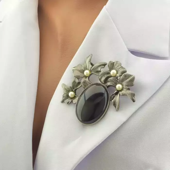 🏷️️ Брошка квіти Агат Яшма (70х65 мм, чорний, білий, срібний, метал) ss_105108