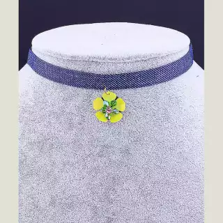 Чокер синій з квіткою FJ тканина 32 см (застібка карабін)