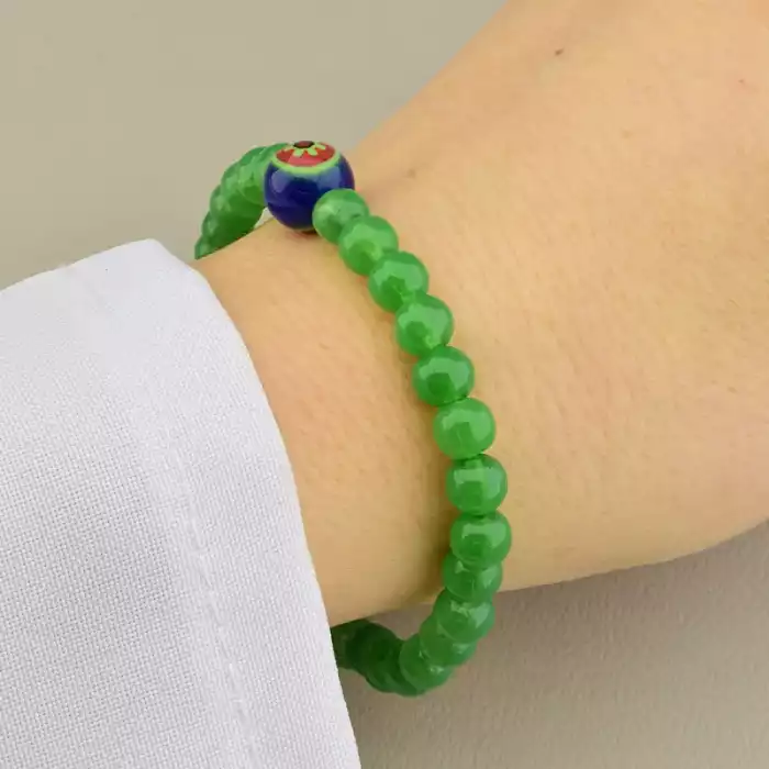 🏷️️ Браслет резинка з нефриту і лемпворку (19 см, зелений і синій, камені в формі кульки) ss_104807