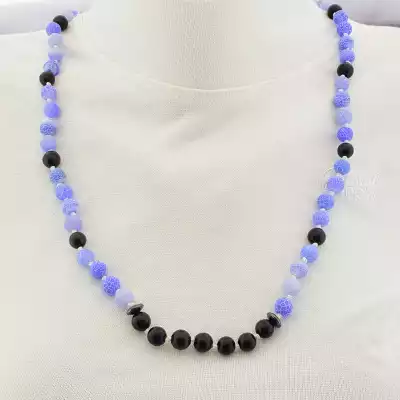 🏷️️ Намисто Агат Шунгіт (65 см, карабін, кулька, синій, чорний) F-104907