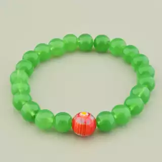 Браслет резинка з кварцу і лемпворку (18 см, зелений і червоний, камені в формі кульки)