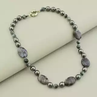 Намисто Лабрадор Соколине око Гематит (41 см, карабін, кулька, грань, сірий)