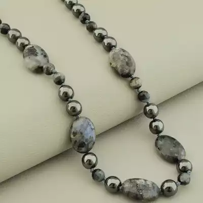 🏷️️ Намисто Лабрадор Соколине око Гематит (41 см, карабін, кулька, грань, сірий) F-104908