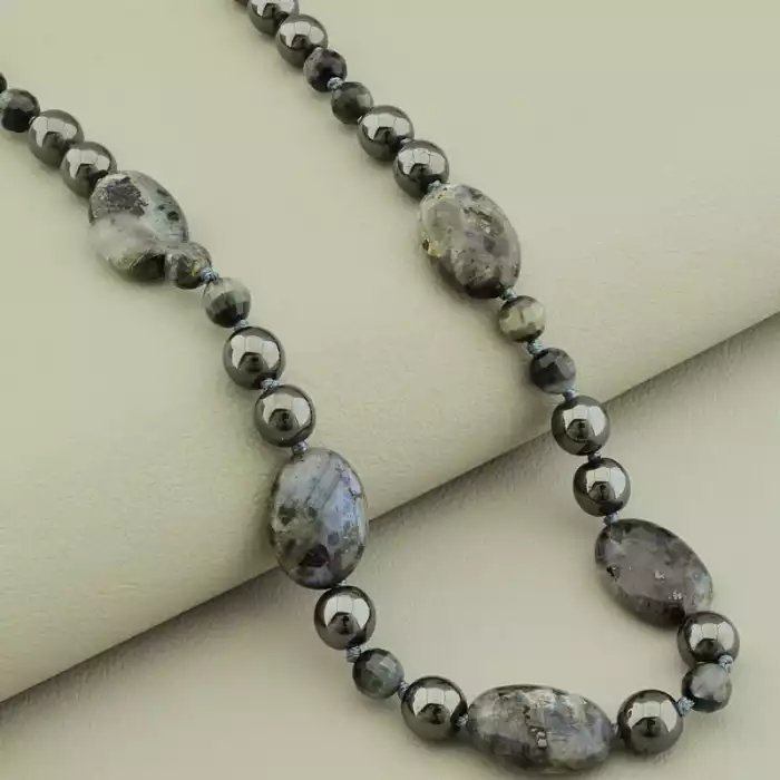 🏷️️ Намисто Лабрадор Соколине око Гематит (41 см, карабін, кулька, грань, сірий) ss_104908