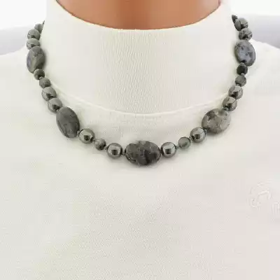 🏷️️ Намисто Лабрадор Соколине око Гематит (41 см, карабін, кулька, грань, сірий) F-104908