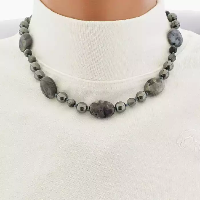 🏷️️ Намисто Лабрадор Соколине око Гематит (41 см, карабін, кулька, грань, сірий) ss_104908