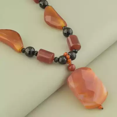 🏷️️ Намисто сердолік агат (57 см, карабін, коричневий, чорний, срібний, сталь) F-105110