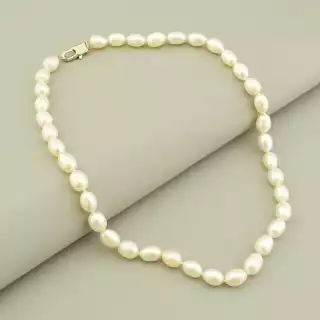 Намисто з перлин (44 см, з карабіном, сталь, 11х9 мм, білий, срібний, А+)