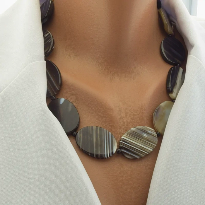 🏷️️ Намисто агат (55 см, з карабіном, сталь, 35х25 мм, чорний, сірий, срібний) ss_105218