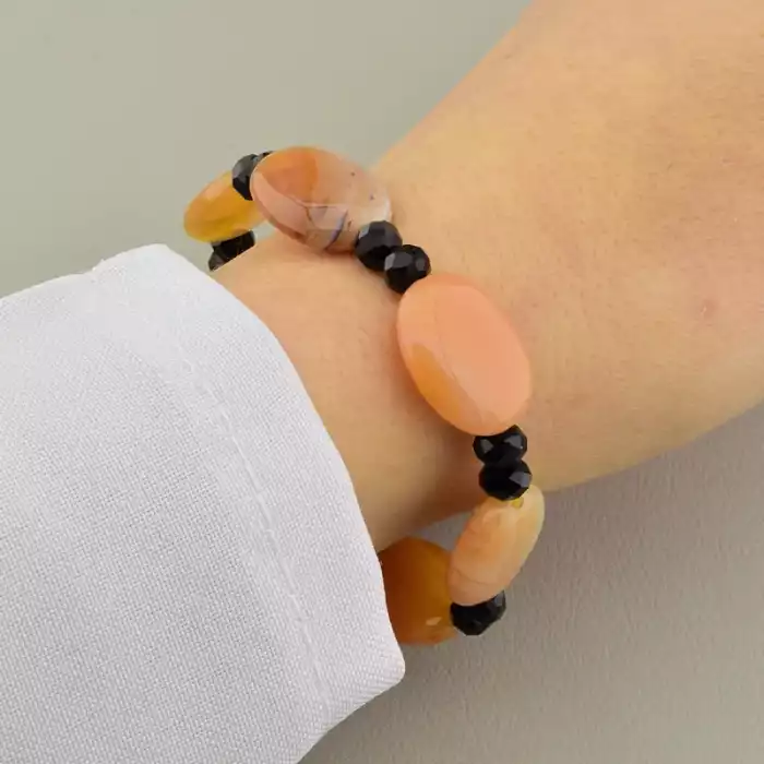 🏷️️ Браслет резинка з сердоліком і чеським кришталем грань (17 см, коричнево-помаранчевий, на гумці) ss_104712