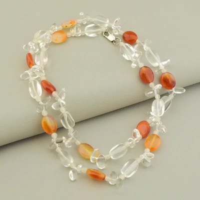 Намисто гірський кришталь сердолік (80 см, з карабіном, сталь, 15х10 мм, 4,5 мм, кришталевий, коричневий, срібний)