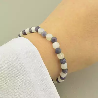 🏷️️ Браслет резинка з сапфіром і місячним каменем грань (17 см, синьо-білий, на гумці) F-104713