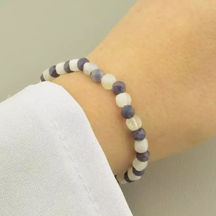 🏷️️ Браслет резинка з сапфіром і місячним каменем грань (17 см, синьо-білий, на гумці) ss_104713