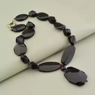 Намисто агат гранат (47 см, з карабіном, сталь, 55х27 мм, 3,5 мм, чорний, бордовий, срібний)