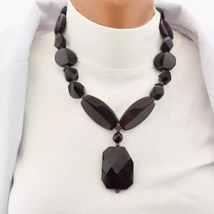 🏷️️ Намисто агат гранат (47 см, з карабіном, сталь, 55х27 мм, 3,5 мм, чорний, бордовий, срібний) ss_105323