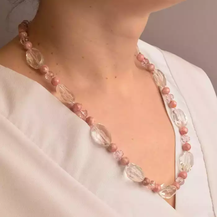 🏷️️ Намисто Родохрозит, Гірський кришталь, Чеський кришталь 52 см. (срібло 925 проба) ss_91049