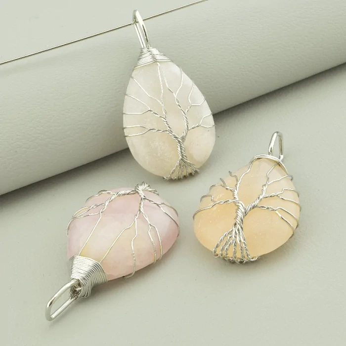 🏷️️ Кулон стальний дерево дріт Рожевий кварц 35x25мм. ss_92442