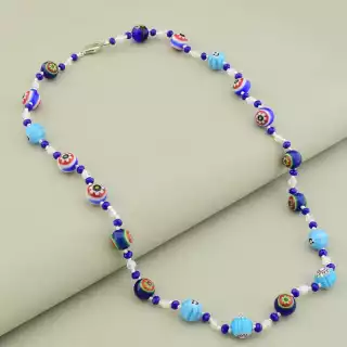 Намисто Лемпворк скло Місячний камінь Чеський кришталь (55 см, карабін, кулька, грань, різнокольоровий, блакитний, синій)