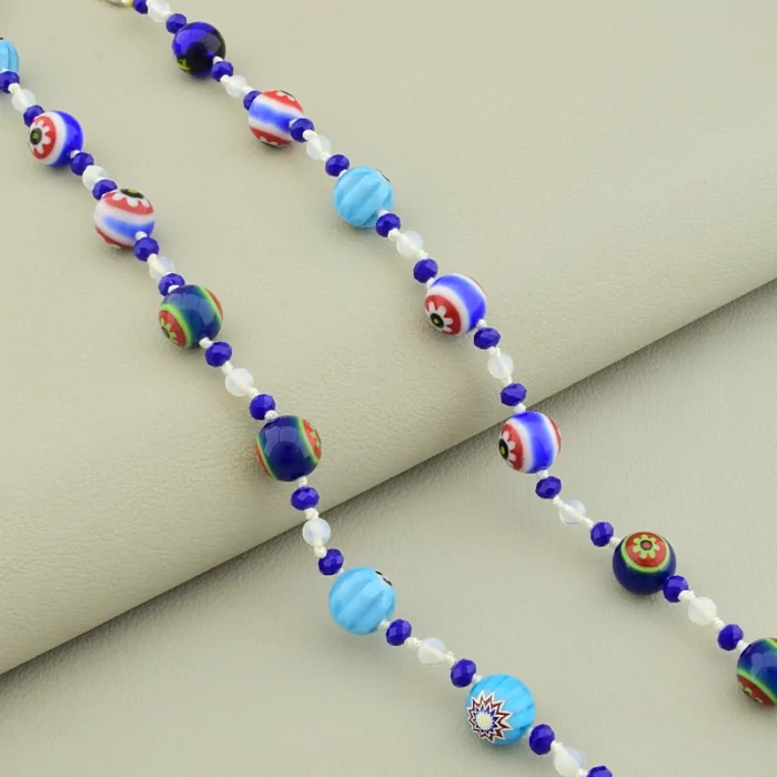 🏷️️ Намисто Лемпворк скло Місячний камінь Чеський кришталь (55 см, карабін, кулька, грань, різнокольоровий, блакитний, синій) ss_104914