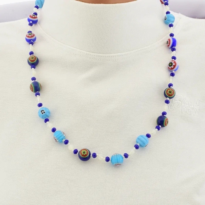 🏷️️ Намисто Лемпворк скло Місячний камінь Чеський кришталь (55 см, карабін, кулька, грань, різнокольоровий, блакитний, синій) ss_104914