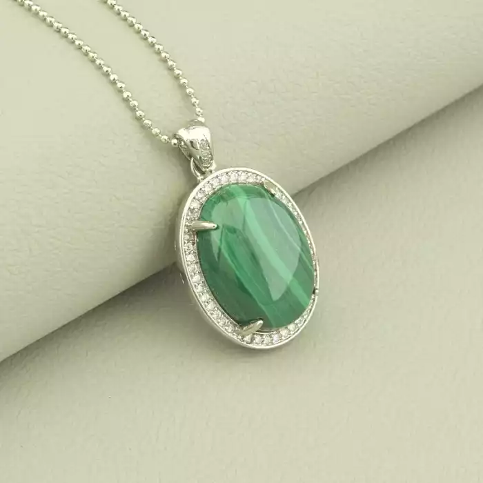 🏷️️ Підвіска малахіт (42 см, карабін, зелений, срібний, мідний сплав) ss_105014