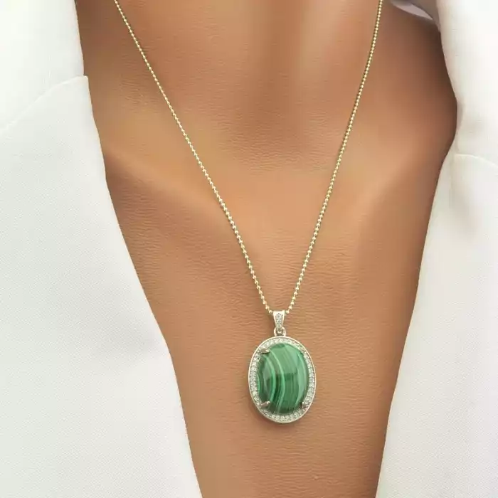 🏷️️ Підвіска малахіт (42 см, карабін, зелений, срібний, мідний сплав) ss_105014