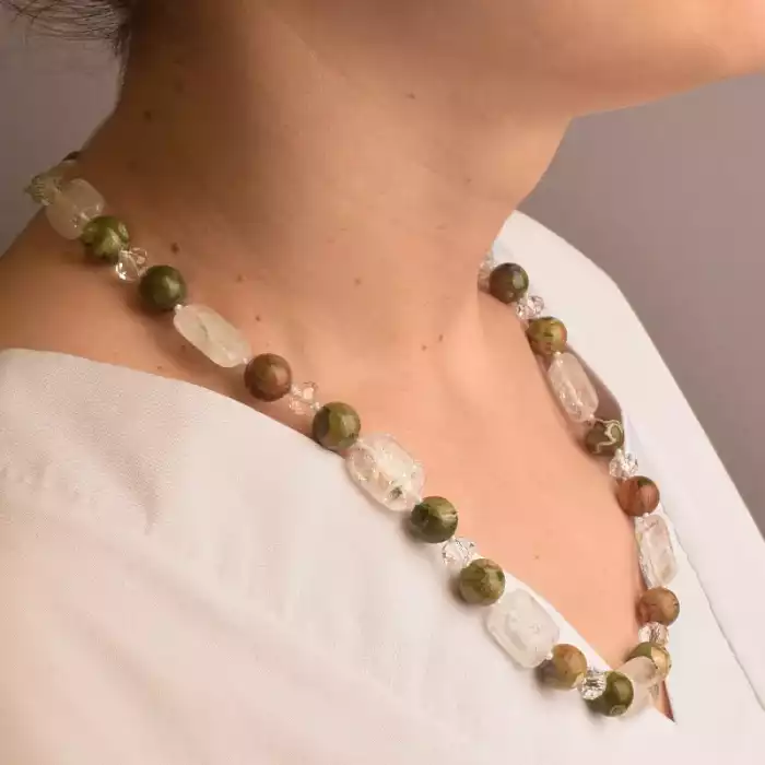 🏷️️ Намисто Яшма, Гірський кришталь 52 см. (срібло 925 проба) ss_91050