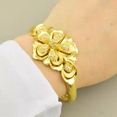 🏷️️ Браслет шарнірний Fashion фіаніт (18 см, ширина 35 мм, позолота 18к, кришталевий, жовтий) F-105118